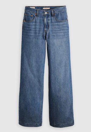 Wide-leg jeans made of blue denim, featuring a high waist, five pockets, and contrasting orange stitching. Smooth texture, no embellishments.