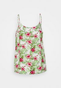 Top de tanque floral em tecido branco com flores de hibisco vermelho e folhas verdes. Alças de espaguete ajustáveis e um design de corte solto.