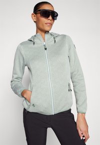 Sweat-shirt zippé vert clair avec un motif géométrique, doté d'une capuche, de poches latérales et de poignets élastiques. Attiqué avec un pantalon de couleur foncée et des lunettes de soleil surdimensionnées.