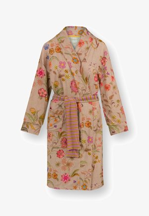 Beige knielange Robe mit mehrfarbigem Blumenstickerei, langen Ärmeln, Fronttaschen und einem gestreiften Gürtel, der auf Taillenhöhe gebunden ist.