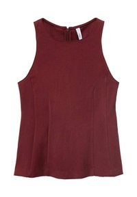 Haut bordeaux sans manches avec encolure arrondie, fermeture éclair au dos et texture de tissu lisse ; coupe ajustée avec coutures latérales.