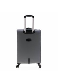 Grijze hardschalenkoffer met een zwart handvat, twee wielen en een minimalistisch ontwerp. Voorzien van een verzonken TSA-slot aan de voorkant.
