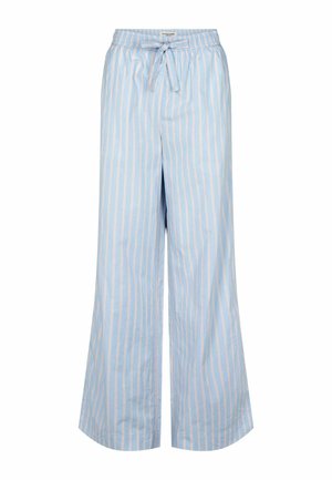 Heledad sinine laiad püksid pehmest kangast, millel on vertikaalsed triibud roosa ja valge värviga, kummitöötavate vöökohtade ja reguleeritava paelaga.