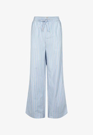 Jasnoniebieskie szerokie spodnie wykonane z miękkiego materiału, z pionowymi paskami w różowym i białym kolorze, z elastycznym paskiem w talii i sznurkiem do regulacji.