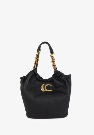 Black leather hobo bag with gathered top, gold hardware, chain strap, and prominent gold logo detail on the front. Textured finish.