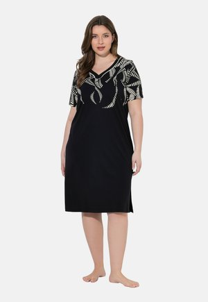 Ulla Popken, TUNICS, 2-PACK, PALM PATTERN, SWEETHEART NECKLINE, SHORT SLEEVES - Nattrøjer / negligé - black