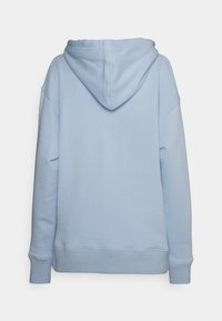 Sudadera con capucha de color azul claro, de corte relajado, con puños y dobladillo acanalados. Tejido suave con una textura lisa, sin patrones visibles ni detalles gráficos.