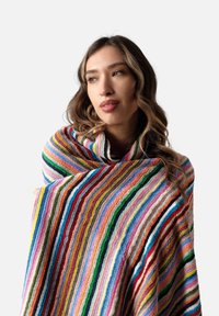 Multicolored striped shawl featuring vibrant hues including red, blue, yellow, and green, made from textured fabric with a soft finish.