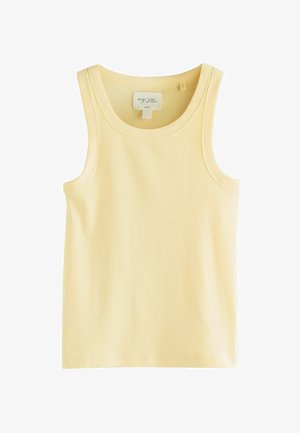 Żółty prążkowany top na ramiączkach z okrągłym dekoltem i szerokimi ramiączkami. Cechuje się prostym wzornictwem bez dodatkowych wzorów czy elementów metalowych.