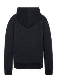 Schwarzer Hoodie mit Kängurutasche, gerippten Bündchen und Saum. Glatte Textur mit Kapuze und Zugband. Die Rückansicht zeigt minimalistische Nähte und keine Grafiken.