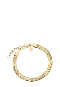 Bracciale in metallo dorato con design flessibile, dotato di un'estensione a catena e tre piccoli gemme trasparenti incastonate sul fronte.