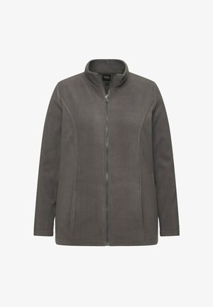 Czarna szara polarowa kurtka z długim rękawem, wysokim kołnierzem i zamkiem błyskawicznym z przodu, z bocznymi kieszeniami i prostymi szwami.