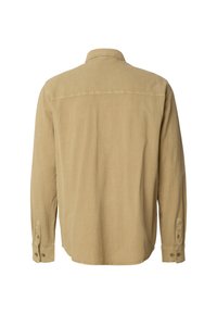 Chemise à manches longues en tissu beige, dotée d'un col classique, de poignets à boutons et d'un ourlet droit avec une texture subtile.