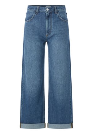 High-waisted, wide-leg blue denim jeans with a raw hem and stitched detailing. Features five pockets and a front button closure.