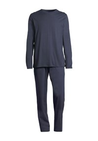 Marineblaues Langarmoberteil und passende Hose aus weichem Stoff. Einfaches Design, lockere Passform, keine Muster oder Hardwaredetails.