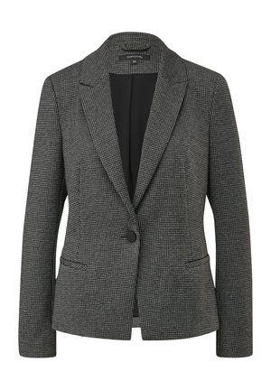 Blazer noir et blanc à motif pied-de-poule, avec col cranté, fermeture à un bouton et deux poches avant. Texture lisse.