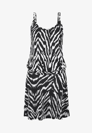 Schwarzes und weißes ärmelloses Kleid mit Zebramuster. Weicher, fließender Stoff, figurbetonter Oberkörper und ausgestellter Rock. Verstellbare Träger.