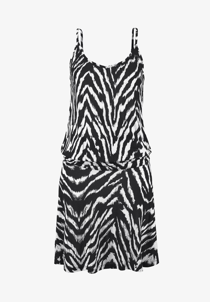 Schwarzes und weißes ärmelloses Kleid mit Zebramuster. Weicher, fließender Stoff, figurbetonter Oberkörper und ausgestellter Rock. Verstellbare Träger.