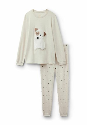 Cremfarbene Langarm-Pyjamas mit einem plüschigen Hunde-Design auf dem Oberteil und Herzmustern auf der Hose.