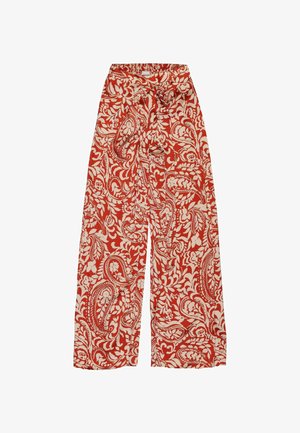 Pantalones de pierna ancha rojos con un intrincado patrón de paisley y flores en color crema, con una cintura elástica y un detalle atado en la parte frontal.