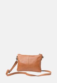 Braune Leder-Umhängetasche mit glatter Textur, Reißverschluss und verstellbarem Gurt. Besitzt eine dezente Nahtdetail über die Vorderseite.