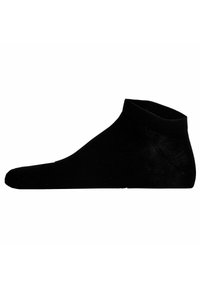 Calcetín negro de tobillo hecho de un material suave y elástico, con una puntera sin costuras y un diseño de corte bajo, que presenta un puño acanalado para un ajuste seguro.