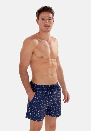 Marineblaue Schwimmshorts mit buntem Eistütenmuster. Sie verfügen über einen elastischen Bund mit Kordelzug und Seitentaschen.