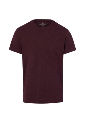 Kurzärmeliges schlichtes T-Shirt in dunklem Burgunderrot mit Rundhalsausschnitt, flach auf weißem Hintergrund gezeigt.