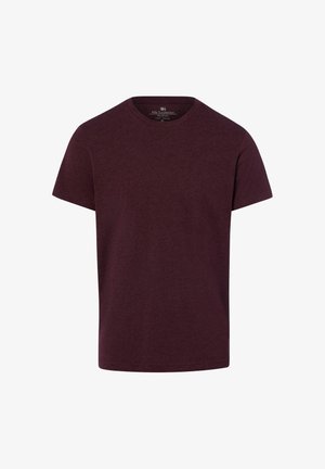 Kurzärmeliges schlichtes T-Shirt in dunklem Burgunderrot mit Rundhalsausschnitt, flach auf weißem Hintergrund gezeigt.