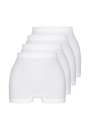 Vier Paare schlichten weißen nahtlosen Boyshort-Unterwäsche gestapelt, wobei das vorderste Paar auf einem weißen Hintergrund vollständig sichtbar ist.