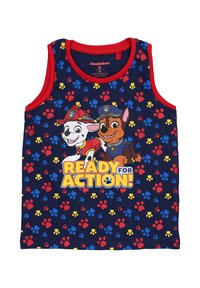 Marineblauw mouwloos shirt met rode accenten, met Paw Patrol-personages Chase en Marshall, kleurrijke pootafdrukken en de tekst "Klaar voor Actie!"