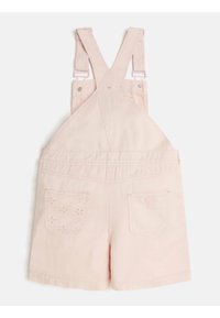 Lichtroze katoenen korte tuinbroeken met verstelbare schouderbanden en twee achterzakken, waarvan er één bloemdessin heeft.