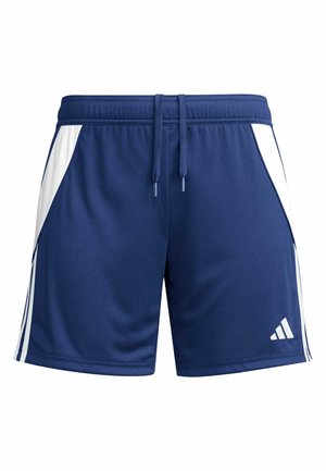 Marine blauwe sportshorts met witte zijpanelen, elastische tailleband en trekkoord. Kenmerkt het Adidas-logo in het wit aan de onderzijde rechts.