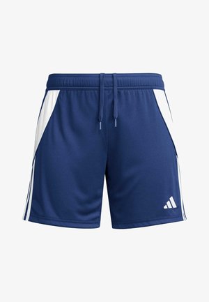 Pantaloni sportivi blu marina con pannelli laterali bianchi, vita elastica e cordino. Presenta il logo Adidas bianco in basso a destra.