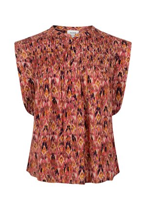 Blouse sans manches avec motif abstrait rose, orange et noir, col rond, empiècement plissé et cinq boutons sur le devant.