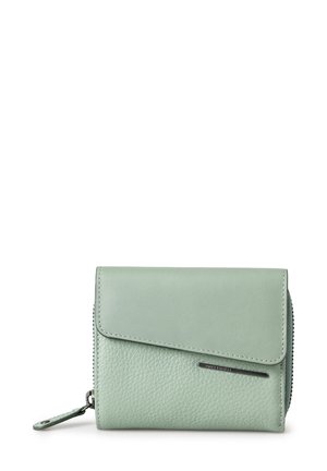 Green leather wallet with a textured finish, featuring a flap closure, zippered compartment, and a metal accent on the front.