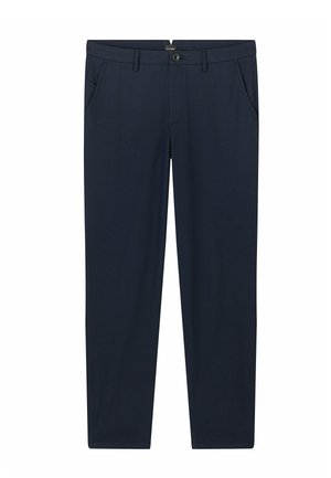 Dunkel marineblaue gerade geschnittene Hose mit Gürtelschlaufen, vorderem Knopf-, Reißverschluss und Seitentaschen, auf weißem Hintergrund präsentiert.