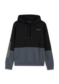 Felpa con cappuccio bicolore nero e grigio con tasca a marsupio, cappuccio con coulisse e logo sul petto e sulla manica. Materiale morbido in misto cotone.