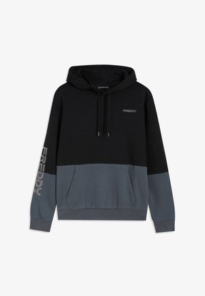 Felpa con cappuccio bicolore nero e grigio con tasca a marsupio, cappuccio con coulisse e logo sul petto e sulla manica. Materiale morbido in misto cotone.