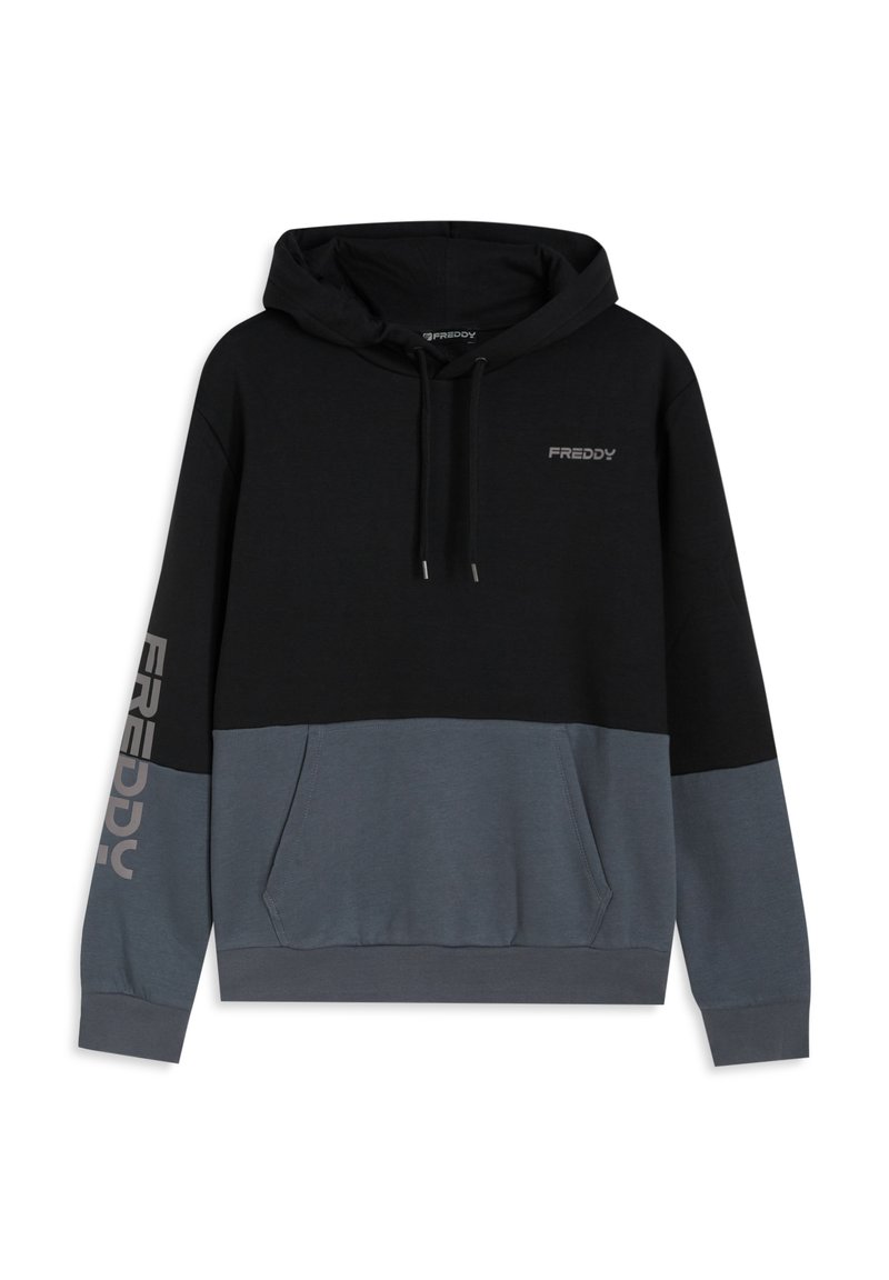 Felpa con cappuccio bicolore nero e grigio con tasca a marsupio, cappuccio con coulisse e logo sul petto e sulla manica. Materiale morbido in misto cotone.