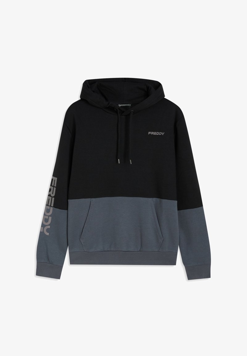 Felpa con cappuccio bicolore nero e grigio con tasca a marsupio, cappuccio con coulisse e logo sul petto e sulla manica. Materiale morbido in misto cotone.