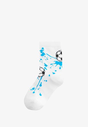 Fehér pamut zokni, fekete-fehér focilabdával és kék festékfröccsökkel díszítve. Középmagas hossz, bordázott tetejű.