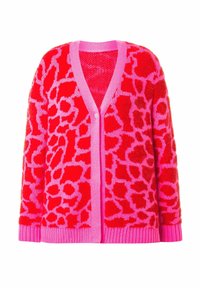 Červený a růžový texturovaný kardigan s výrazným abstraktním vzorem, výstřihem do V a žebrovanými manžetami, zapínání vpředu na knoflíky.