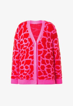 Roter und rosa strukturierter Cardigan mit einem auffälligen abstrakten Muster, V-Ausschnitt, gerippten Bündchen und einer Knopfleiste vorne.
