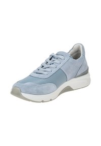 Light blue sneaker featuring a mix of suede and mesh materials, rounded toe, lace-up design, and white rubber sole with a textured grip.
