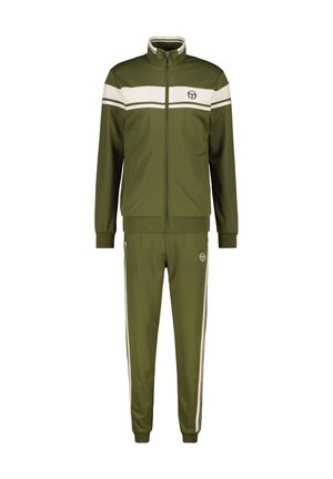 Olive green tracksuit with zip-up jacket and matching pants. White stripe accents across chest and sides. Logo positioned on jacket.