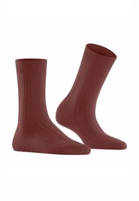 Burgunderfarbene Baumwollsocken mit einem strukturierten Muster, geripptem Oberschenkel, verstärkter Ferse und Zehen, designed für Komfort und Elastizität.