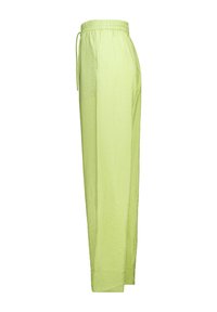 Vaaleanvihreät, kevyet housut, joissa on teksturoitu pinta, joustava vyötärö ja säädettävä nyöri. Suora lahkeinen malli, jossa on sivutaskut.