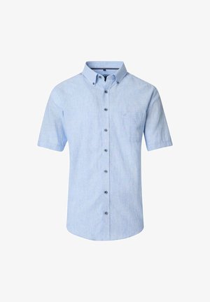 Kurzärmliges Button-Up-Hemd in Hellblau mit einer Brusttasche, kontrastierenden dunklen Knöpfen und einem strukturierten Stoff.