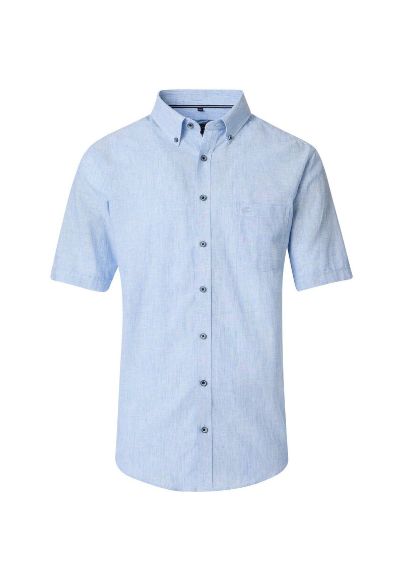 Lichtblauw overhemd met korte mouwen en knopen, voorzien van een borstzak, contrasterende donkere knopen en een gestructureerde stof.